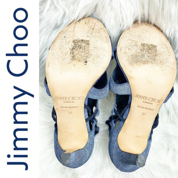 JIMMY CHOO BLUE DENIM LUCKY PEEP TOE HEELS CUT OUT DETAIL, EU 37 - Picture 5 of 12